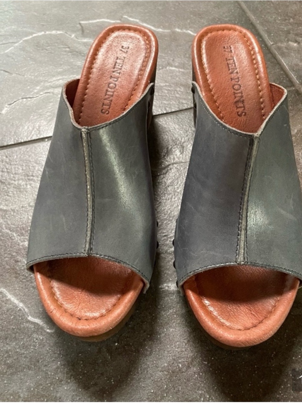 Ten Points Denim Blue Leather Open-Front Mule with Brown Insole